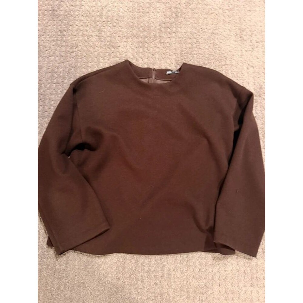 Zara Women’s Medium Dark Chocolate Brown Boxy Wide-Sleeve Top with Back Zipper
